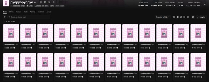 A screenshot of the 'pyopyopypypyo' NFT collection on OpenSea showing a floor price of 0.009 ETH and a grid of identical grayscale swirl artworks.