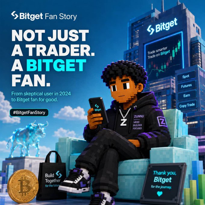A pixel-art character wearing a "ZUNNU WEB3 BUILDER FOCUSED" hoodie sits on blocky cubes checking the Bitget app on his phone, with the Bitget tower displaying "Trade smarter. Trade on Bitget" and tabs for Spot, Futures, Earn, and Copy Trade in the background. The "Not Just a Trader. A Bitget Fan" promotional banner ties into the poster's narrative of going from a skeptical trader in 2024 to a loyal Bitget fan, complete with a Bitcoin coin, a "Build Together for the future" tote bag, and a "Thank you, Bitget for the journey" sign.