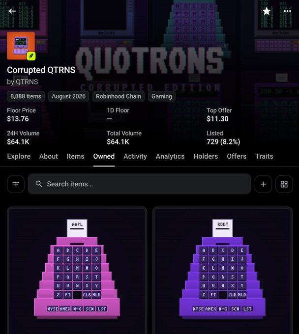 The image shows an OpenSea marketplace page for the "Corrupted QTRNS" NFT collection by QTRNS, featuring 8,888 items on the Robinhood Chain with a floor price of $13.76 and 24H volume of $64.1K. Two pyramid-shaped pixel art NFTs are visible—one pink with "AAPL" ticker and one purple with "RDDT" ticker—relating to the post by showing the Quotron-themed staking NFTs the author purchased for $1.94.