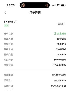 A Chinese-language order details screen showing a completed BNB/USDT transaction with 188 BNB purchased at an average price of 609.9 USDT, totaling ¥772,532.86.