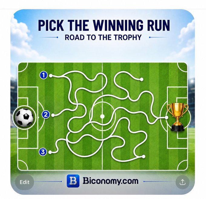 The image shows a soccer field with a maze-like pattern of white lines, which appears to be part of a game or puzzle. The goal is to navigate through this maze to reach the trophy at the end. There are two soccer balls on the field, one near the bottom left corner and another closer to the top right corner. A text overlay in the image reads "pick the winning run Road to the trophy".