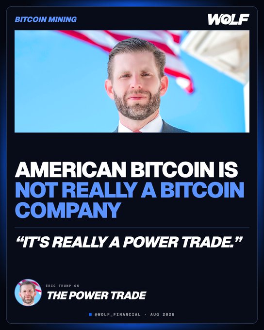 A promotional graphic featuring Eric Trump with the headline "AMERICAN BITCOIN IS NOT REALLY A BITCOIN COMPANY," quoting him saying "IT'S REALLY A POWER TRADE." The image supports the accompanying post, which cites Eric Trump explaining that American Bitcoin ($ABTC) is essentially a power play—securing cheap, long-term electricity to run ASIC miners 24/7, with power costs making up about 50% of the margin.