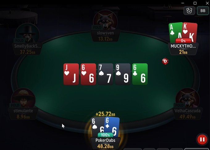 A screenshot of an online poker game showing community cards (J♥, 6♥, 7♠, 9♠, 6♣) on a green table with player names like 'MUCKYTHO' and 'PokerDabs'.
