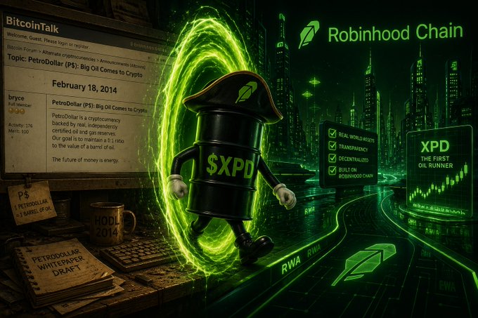 A promotional graphic for "Robinhood Chain" features an animated oil barrel character labeled "$XPD" wearing a pirate hat, surrounded by retro forum posts about "PetroDollar" and references to "RWA" and "XPD The First Oil Runner".