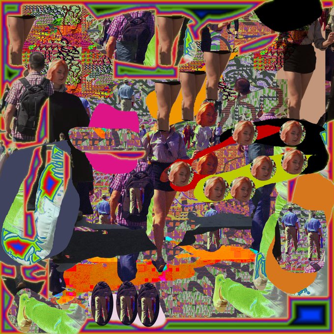 A heavily distorted, glitch-art image featuring repeating, fragmented pictures of a woman with red hair, alongside distorted graphics of legs, shoes, and faces in neon colors.