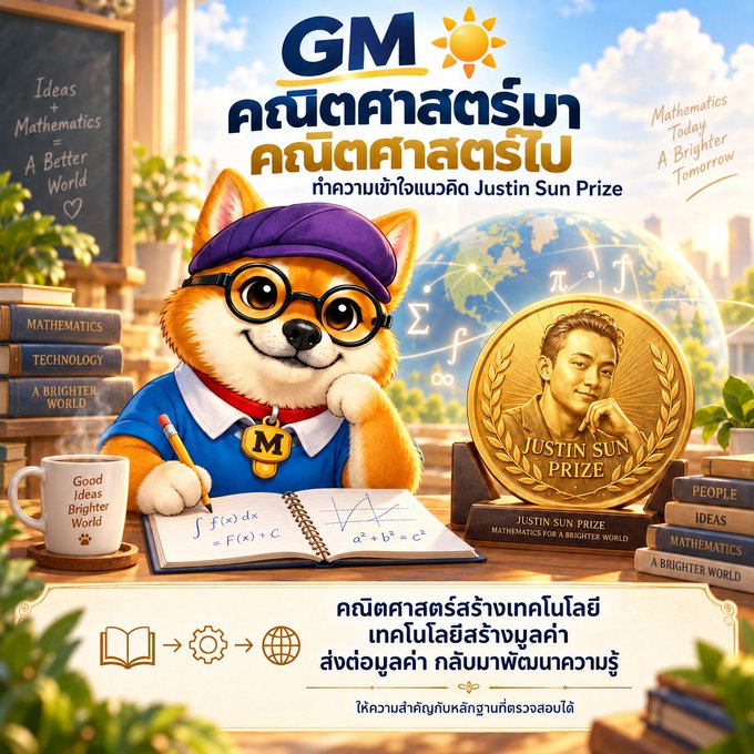 The promotional image for the "Justin Sun Prize" features a cartoon dog mascot wearing glasses and a cap, writing mathematical equations in a notebook, alongside a gold medal bearing Justin Sun's portrait, with text highlighting "GM คณิตศาสตร์มา คณิตศาสตร์ไป" (Mathematics Comes, Mathematics Goes) and "Mathematics for a Brighter World." The imagery visually represents Justin Sun's post about how mathematical wealth will be reinvested back into mathematics to shape a better global future.