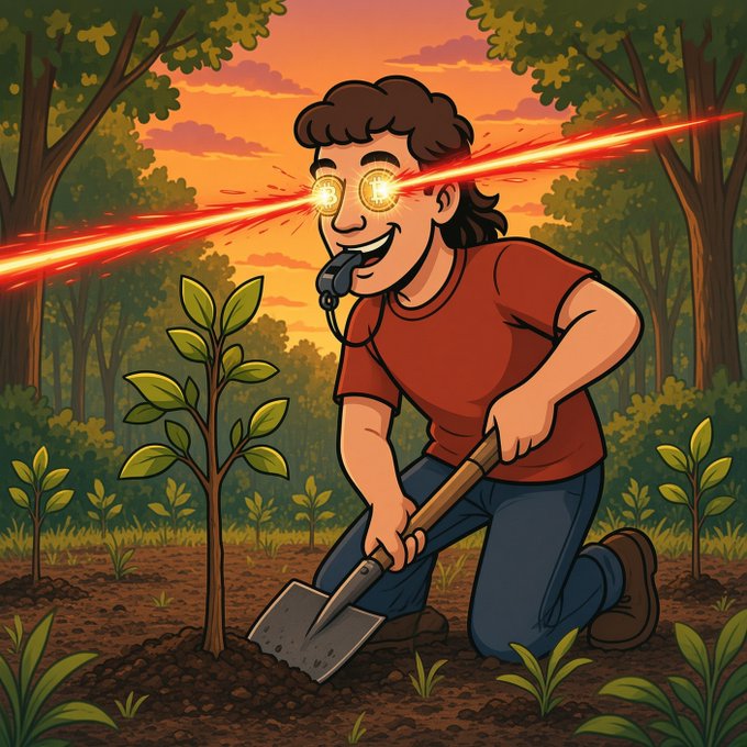 A young person kneels in a forest at sunset, shovel in hand, planting a sapling—capturing the metaphor of early, unglamorous work that builds something lasting. The glowing eyes and energetic beams add a playful, supercharged visual nod to the quiet power of long-term investing in your 20s.