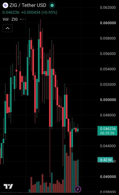 A candlestick chart of ZIG/Tether USD (ZIGUSDT) shows the pair trading at 0.046236 (+0.95%) after a sharp decline from highs near 0.060, with the current price consolidating just above recent lows around 0.044–0.046, illustrating the support bounce and sideways action referenced in the post.