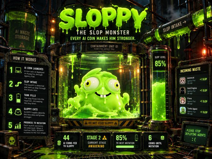A vibrant, neon-green themed game interface or promotional graphic titled 'SLOPPY: THE SLOP MONSTER,' showing how feeding an AI coin makes him stronger, with an 85% slop level and various stats.