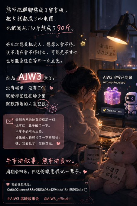A stylized Chinese promotional image featuring a woman at a computer with an 'AIW3 Airdrop Received' screen, accompanied by Chinese text about crypto markets, a teddy bear holding a 'HOLD ON The Light Is Coming' mug, and a wallet address.