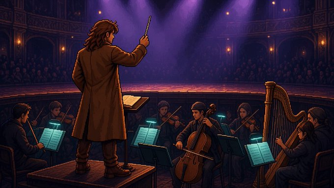 A stylized orchestra performs in a grand concert hall, with a conductor facing string players and glowing music stands. No visible text or numbers appear, and the “audience hears every note, but nobody sees who’s playing” idea visually reflects privacy, though the image itself does not depict the asset-vault technology.