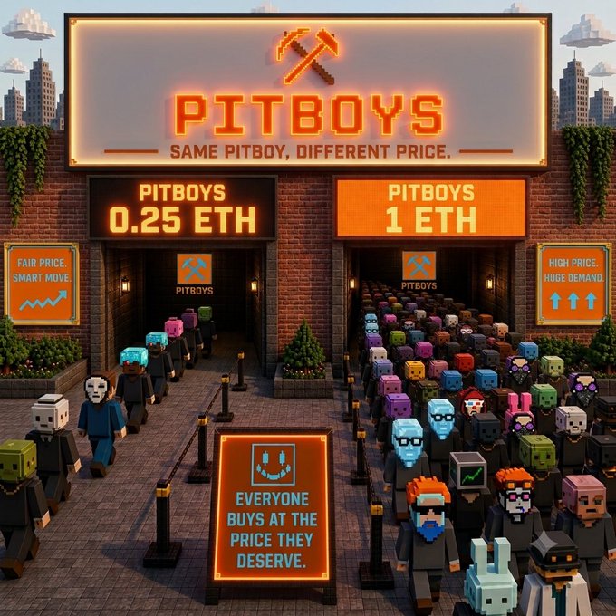 An illustration titled 'PITBOYS - SAME PITBOY, DIFFERENT PRICE' showing a storefront with two lines of blocky figures choosing between '0.25 ETH' (Fair Price) and '1 ETH' (High Price).