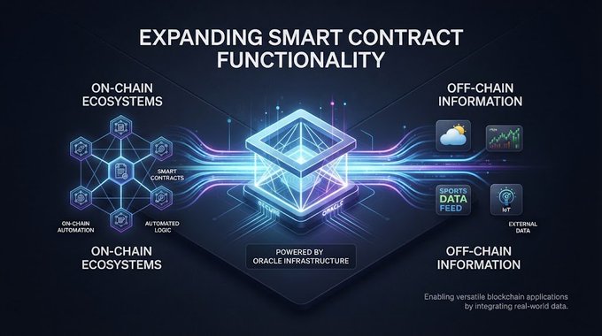 A digital graphic titled 'EXPANDING SMART CONTRACT FUNCTIONALITY' showing a central diamond labeled 'ORACLE' connecting 'ON-CHAIN ECOSYSTEMS' (Smart Contracts, On-Chain Automation, Automated Logic) with 'OFF-CHAIN INFORMATION' (Weather, Sports Data Feed, IoT External Data), noting 'POWERED BY ORACLE INFRASTRUCTURE' and 'Enabling versatile blockchain applications by integrating real-world data.'