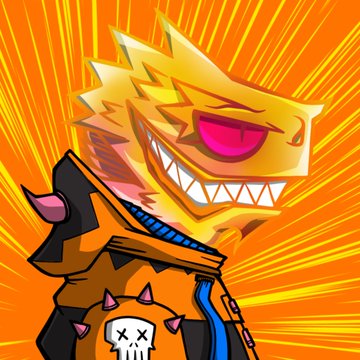 An illustration depicts a stylized yellow reptilian character with a sharp-toothed grin, wearing an orange spiked vest against a bright orange radial background.