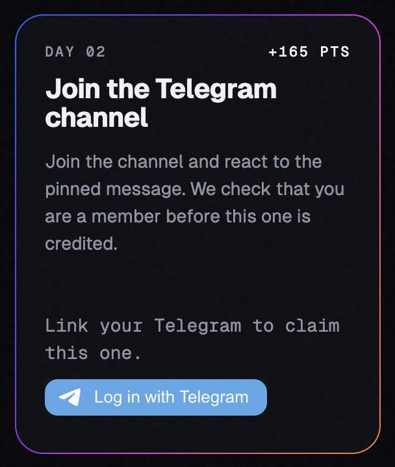 A task card for 'DAY 02' worth +165 PTS, instructing users to 'Join the Telegram channel' and react to the pinned message, with a 'Log in with Telegram' button.