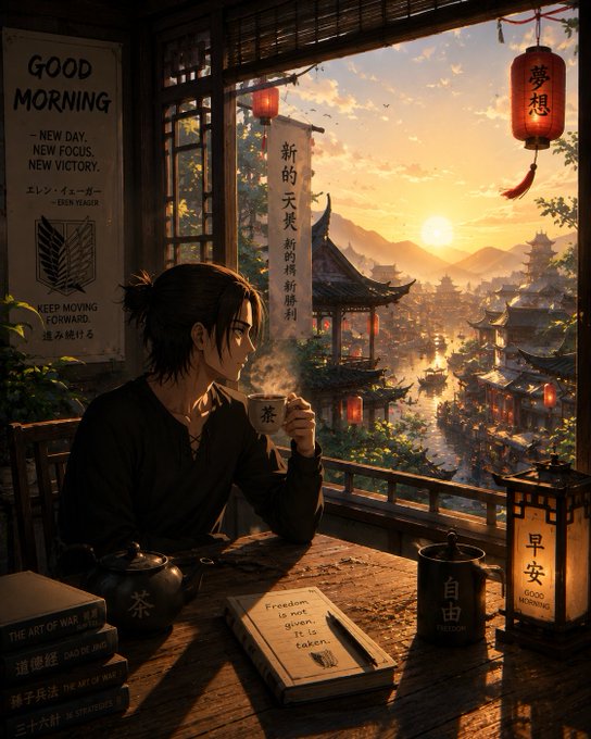 Anime-style illustration of a young man drinking tea while overlooking a traditional Asian cityscape at sunset, with posters reading 'GOOD MORNING', 'KEEP MOVING FORWARD', and books including 'THE ART OF WAR'.