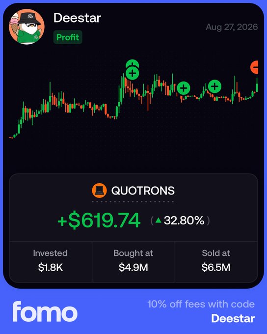 A 'fomo' app profit screenshot showing user "Deestar" with a +$619.74 (32.80%) gain on QUOTRONS, invested $1.8K, on Aug 27, 2026.