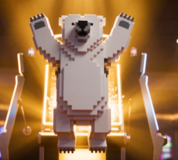 A voxel-style, pixelated white bear character with its arms raised in a triumphant pose, standing against a golden, glowing background.
