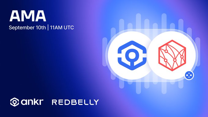 A promotional graphic announcing an AMA event between Ankr and Redbelly, scheduled for September 10th at 11AM UTC. The design features the two companies' logos side-by-side against a blue gradient background, aligning with the post's announcement of their collaboration to bring Redbelly's high-speed blockchain capabilities to the Ankr ecosystem.