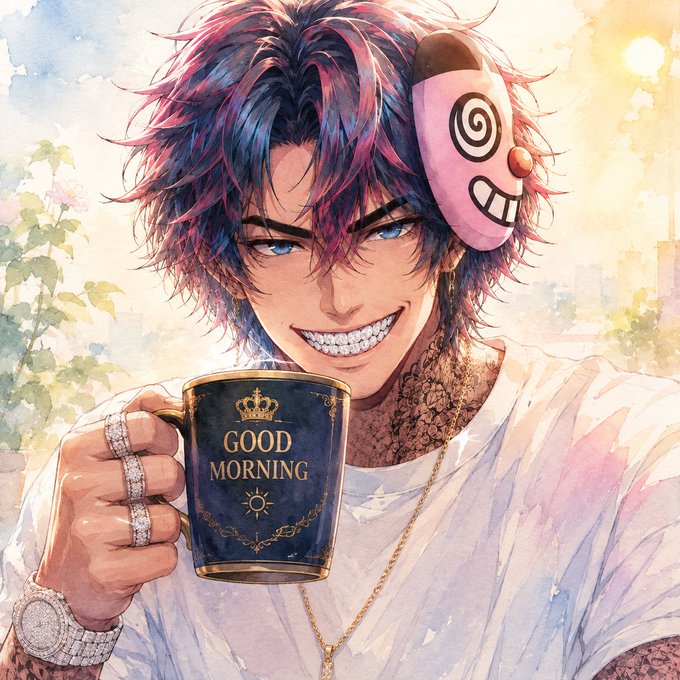 An anime-style digital illustration of a young man with colorful pink and blue hair, wearing a white shirt and jewelry, smiling broadly while holding a dark blue mug that reads 'GOOD MORNING' with a small smiling mask on his head.