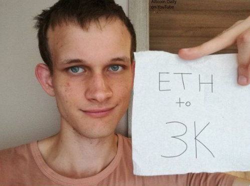 Vitalik Buterin holds up a piece of paper with handwritten text reading 'ETH to 3K' alongside an 'Altcoin Daily' logo in the corner.