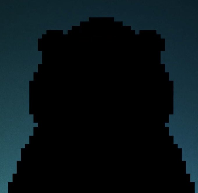 A pixelated black silhouette of a person against a dark blue background.