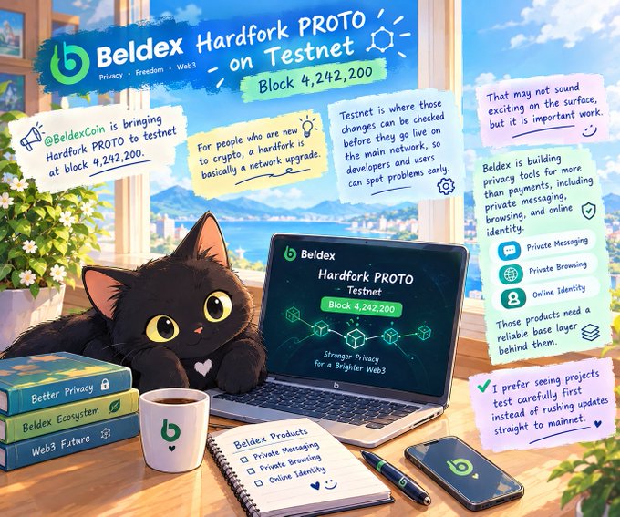 An illustrated infographic announcing the Beldex Hardfork PROTO on Testnet at block 4,242,200, featuring a black cat, laptop, and notes about BeldexCoin's privacy tools.