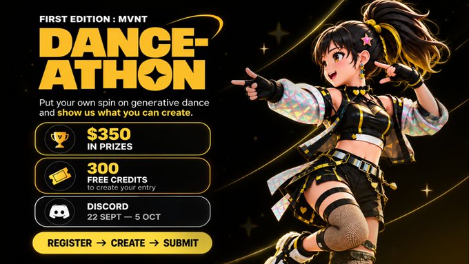 Promotional banner for 'DANCE-ATHON FIRST EDITION: MVNT' featuring an anime-style character, offering $350 in prizes, 300 free credits, and running on Discord from 22 Sept to 5 Oct.