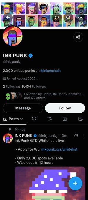 A Twitter profile for 'INK PUNK' (@ink_punk_) showing 8,434 followers and a pinned post announcing 'Ink Punk GTD Whitelist is live' with a link to apply for 2,000 spots.