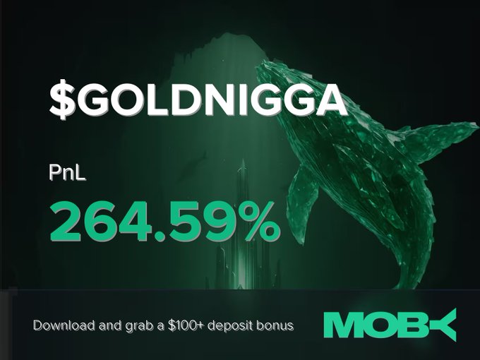 This image highlights a $GOLDNIGGA trade with a PnL of 264.59% on Moby. The "Moby" logo is visible at the bottom right, confirming the platform mentioned in the post.