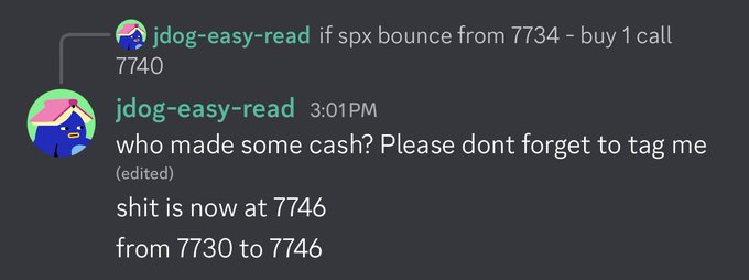 A Discord message from user "jdog-easy-read" states that SPX bounced from 7730 to 7746 and recommends buying a 7740 call, complementing the post celebrating a 720%+ gain on $SPX contracts that surged from $2.30 to $18.92.