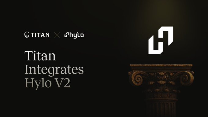 A dark promotional graphic announces "Titan Integrates Hylo V2" with the Titan and Hylo logos at the top, alongside a stylized "H" logo resting on an ornate Ionic column capital, visually emphasizing the architectural foundation the integration brings to Titan's Argos router for accessing Hylo's xAssets.