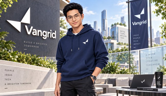 A young man wearing glasses and a navy 'Vangrid' hoodie stands in front of branded signage that reads 'BUILD A BRIGHTER TOMORROW' and 'IDEAS PEOPLE TECH IMPACT' with a city skyline backdrop.