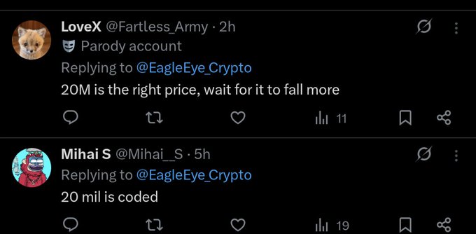 In the image, there are two people sharing a negative tweet regarding an online cryptocurrency exchange called Eagle Eye Crypt. One person posts that the website was recently downcased to 20m and is now coding to fail more times than it has failed before. The other person responds by saying they don't know how much their account is worth on this exchange, as the value of the cryptocurrency might be affected if the exchange crashes or the account isn't coded correctly.