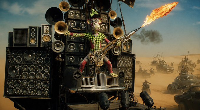 A surreal, post-apocalyptic scene featuring a figure with a painted face playing an electric guitar that shoots fire, standing on a vehicle covered in massive speakers, with motorcycle riders in the desert background.