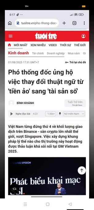 A screenshot of a Tuổi Trẻ Online article dated 01/08/2025, headlined "Phó thống đốc ủng hộ việc thay đổi thuật ngữ từ 'tiền ảo' sang 'tài sản số'" (Deputy Governor supports changing the term from 'virtual currency' to 'digital assets'), referencing Binance and a Vietnam GM event, which directly supports the caption's claim about regulators and the State Bank pushing for the official terminology switch from "tiền ảo" to "tiền số/tiền mã hóa."