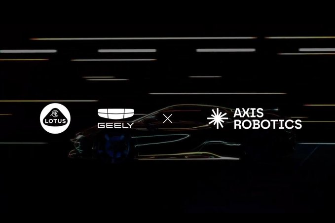 A promotional graphic showing a collaboration between Lotus, Geely, and Axis Robotics, with their logos displayed over the silhouette of a sleek sports car.