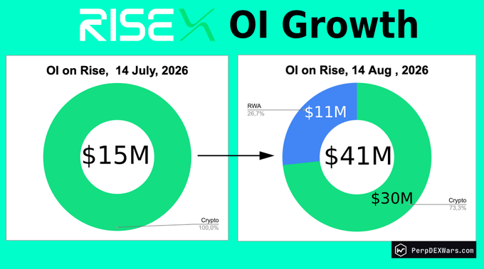 An infographic titled 'RISE OI Growth' displays two donut charts comparing open interest values: 'OI on Rise, 14 July, 2026' at $15M (100% Crypto) and 'OI on Rise, 14 Aug, 2026' at $41M (26.7% RWA, 73.3% Crypto), with a 'PerpDEXWars.com' logo in the corner.