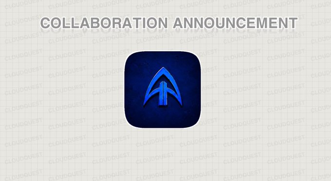 A 'COLLABORATION ANNOUNCEMENT' graphic features a blue logo resembling an upward arrow on a dark square, set against a background watermarked with 'CLOUDQUEST'.