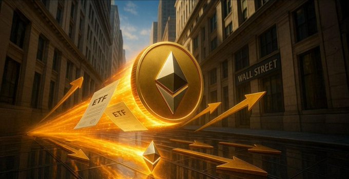 A glowing golden Ethereum coin streaks down a Wall Street corridor, leaving fiery arrows and ETF documents in its wake, visually capturing Intesa Sanpaolo's dramatic shift from Bitcoin ETFs to a staked Ethereum ETF.