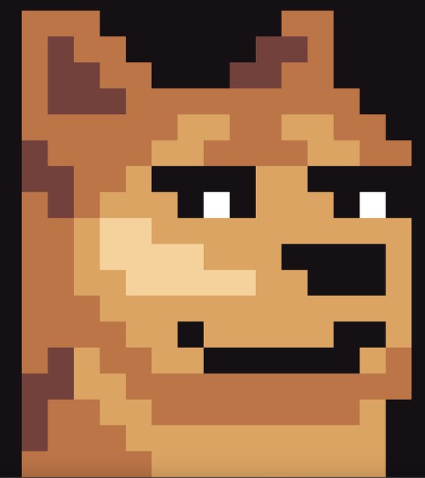 A pixel art Doge face rendered in shades of orange and brown, featuring the iconic raised eyebrow and wide grin characteristic of the Doge meme. The image represents Inscription 127181947, highlighting the Doge-themed collectible within the larger Ordinals mint collection described in the post.