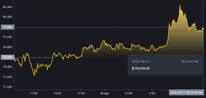 A financial chart showing the price of Bitcoin (BTC) fluctuating between approximately $77,200 and $80,000, with a current value of $79,519.33 marked at 08:25 AM on 2026-08-27.
