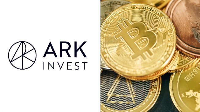 The image features the ARK Invest logo on the left alongside a close-up of physical Bitcoin tokens, visually representing the firm's commentary on the ongoing crypto market consolidation. The accompanying text from Lorenzo Valente emphasizes how this historic shakeout is eliminating weaker projects and allowing fundamentally strong networks to stand out.