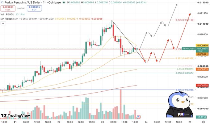 A TradingView chart showing the PENGU/USDT pair on Coinbase with technical analysis patterns and a penguin mascot in the bottom right corner.