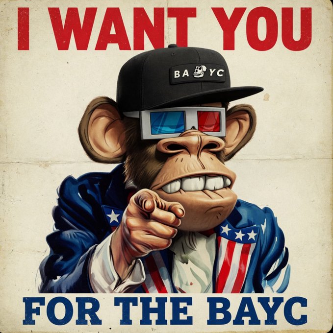 A parody of the classic 'I Want You' Uncle Sam poster featuring a Bored Ape character with 3D glasses and a 'BAYC' cap, with text reading 'I WANT YOU' at the top and 'FOR THE BAYC' at the bottom.