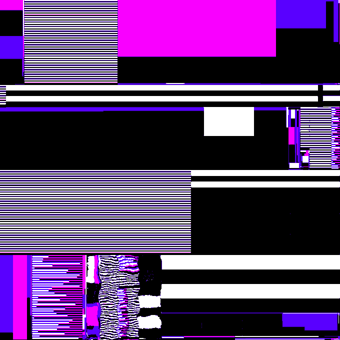 An abstract digital glitch pattern composed of horizontal stripes in black, white, magenta, and purple.