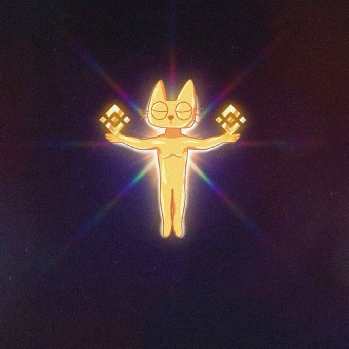 A glowing, golden cartoon cat floats against a dark starry background, radiating prismatic light beams while holding golden digital symbols in each outstretched paw—visually embodying the post's description of $CETS as "a gold cat that drops gold to holders."