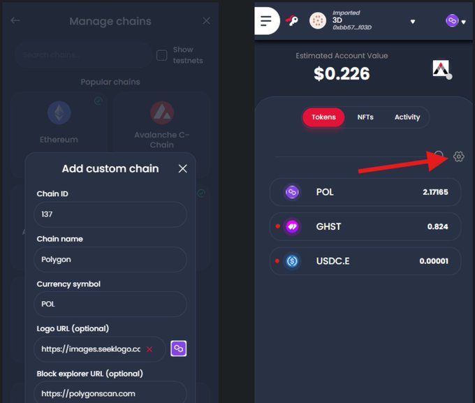 The image shows a screenshot of a phone screen displaying a chain management system, specifically for a cryptocurrency called @HiveKeychain. The user account has an estimated value of $0.26, which indicates that they have at least this amount of cryptocurrency stored on their account. There is also a link to the Ethereum page, suggesting that the user may need to explore or manage these transactions as well. Additionally, there are two options available in the image: one option is to add custom chain and the other shows how to set up a new token, which can be useful for managing multiple chains within the keychain system.