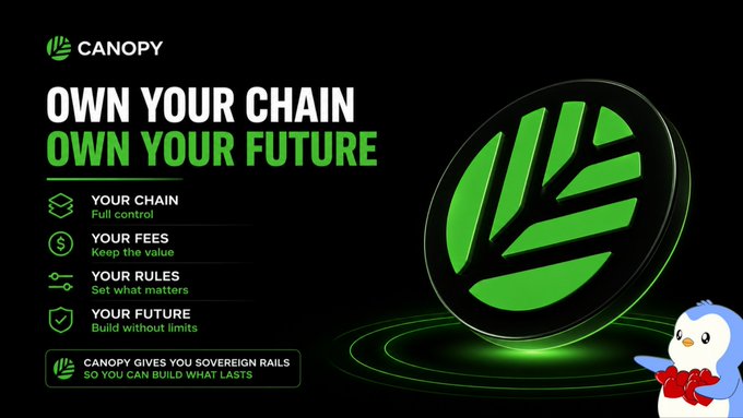 A promotional graphic for Canopy cryptocurrency with the text 'OWN YOUR CHAIN OWN YOUR FUTURE' featuring a green leaf logo and a small penguin mascot.