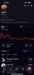 The image shows a stock trading chart for "pyth" (PYTH) trading at $4.75, down -$0.24 or -4.80%, displayed on a mobile trading app with a downward-trending red line. The accompanying caption about "$RISE" suggests the user closed this PYTH position at a loss and is now shifting focus to the $RISE token.
